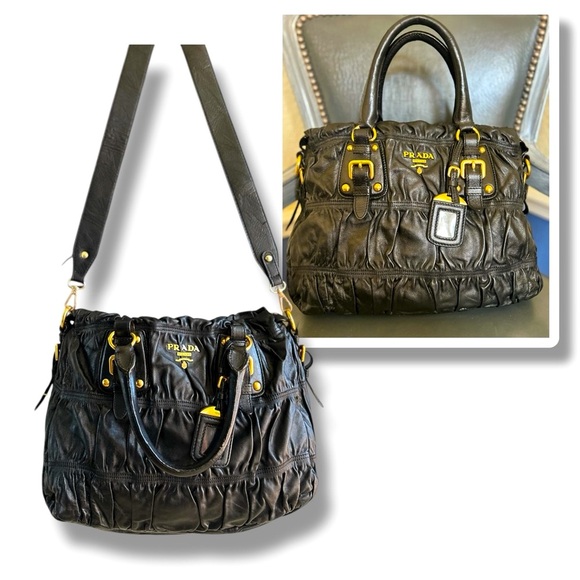 Prada Handbags - PRADA Ruched Gaufre Leather Top Handle Bag Crossbody Handbag Buttery Soft
